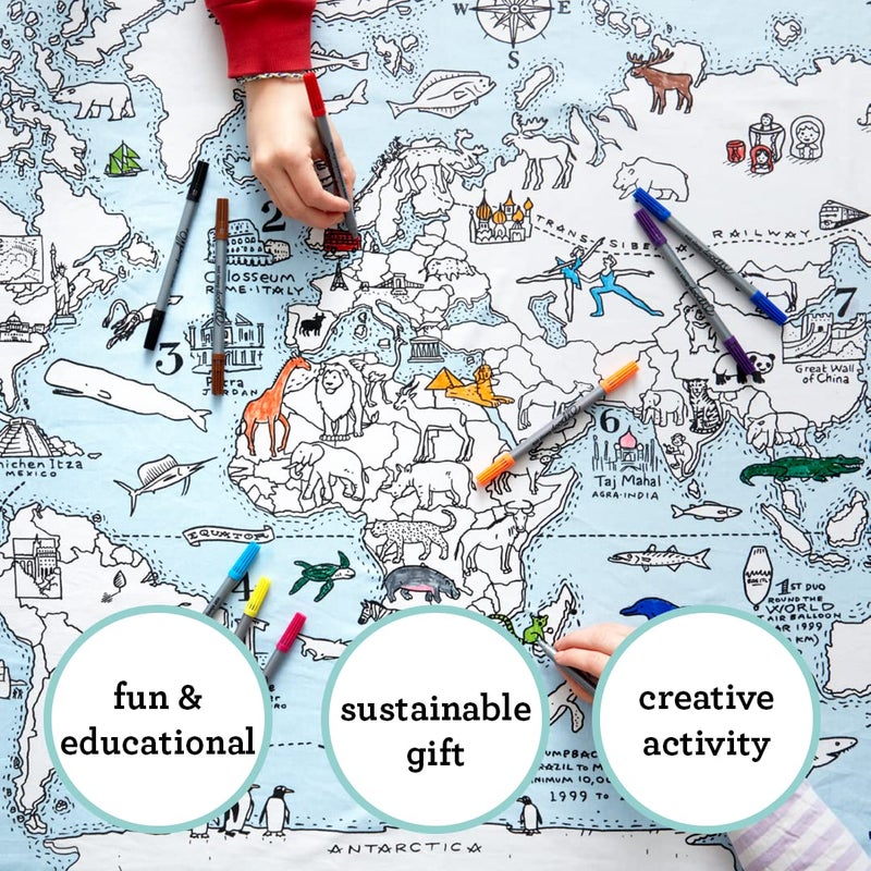 eatsleepdoodle Coloring World Map Tablecloth for Kids â€“ Reusable Washable Activity Table Cover with 10pcs Washable Markers, Fun Arts & Crafts for Boys & Girls, Activity Blanket for Parties, Birthdays - Image 5